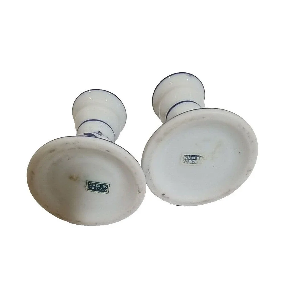 Vintage Blue White Ceramic Candlestick Holders Japan Delft Style Windmill Pair